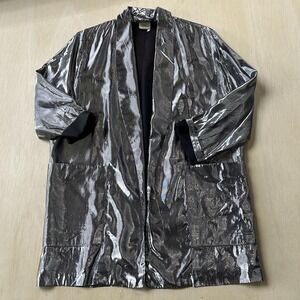 Vintage Silver Satin Kimono 3/4 Sleeve PG Collections Coat Womens Small Pockets
